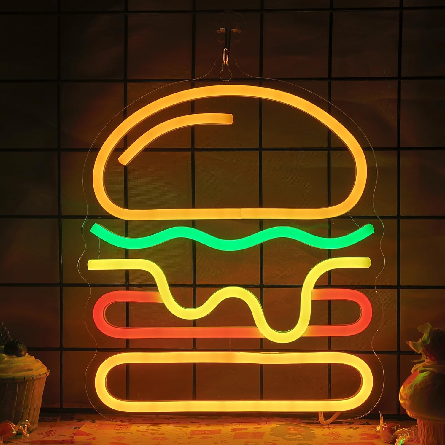 Lighting Decoration Ideas For Home - ป้ายไฟนีออนรูปเบอร์เกอร์พร้อมไฟ LED ชีสซ้อนชั้น สำหรับตกแต่งผนังร้านอาหารฟาสต์ฟู้ด บาร์ ตกแต่งบ้าน