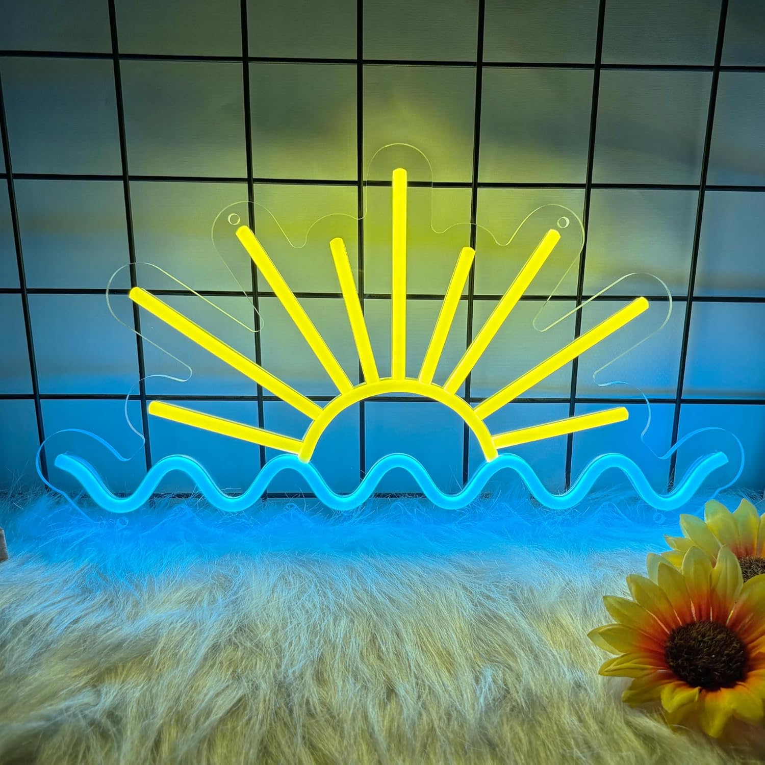 Lighting Decor Sunrise - ป้ายไฟนีออนรูปพระอาทิตย์ขึ้นและคลื่นทะเล ไฟ LED ปรับความสว่างได้ผ่าน USB สำหรับตกแต่งห้องนอน